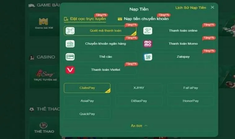 Các phương thức nạp tiền HB88